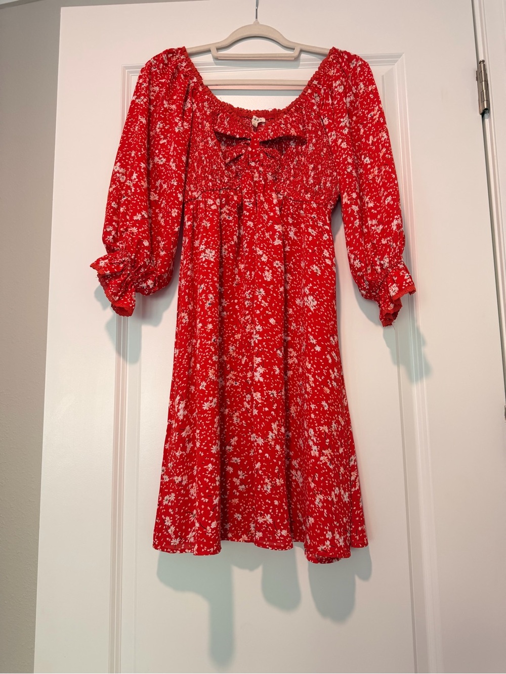 JODIFL Red Floral Smocked Bodice Puff Sleeve Dress